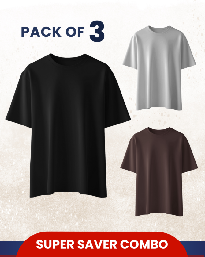 Casual T-shirt Solid Black_Brown_White Pack of 3