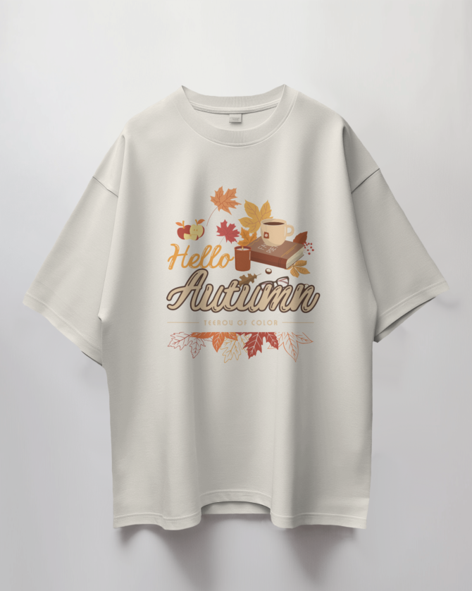 Teerov Luxe Oversized Hello Autumn Typography T-Shirt | Unisex Graphic Cotton Tee