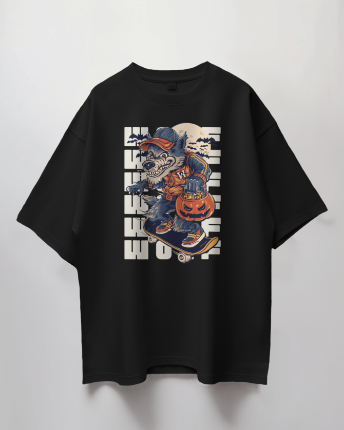 Teerov Oversized Wolf Typography T-Shirt | Unisex Graphic Cotton Tee