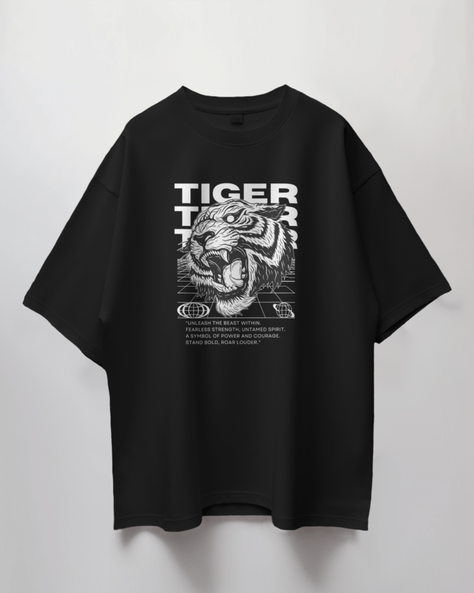 Teerov Oversized Tiger Typography T-Shirt | Unisex Graphic Cotton Tee