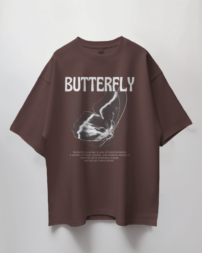 Teerov Luxe Oversized Line art Butterfly Typography T-Shirt | Unisex Graphic Cotton Tee