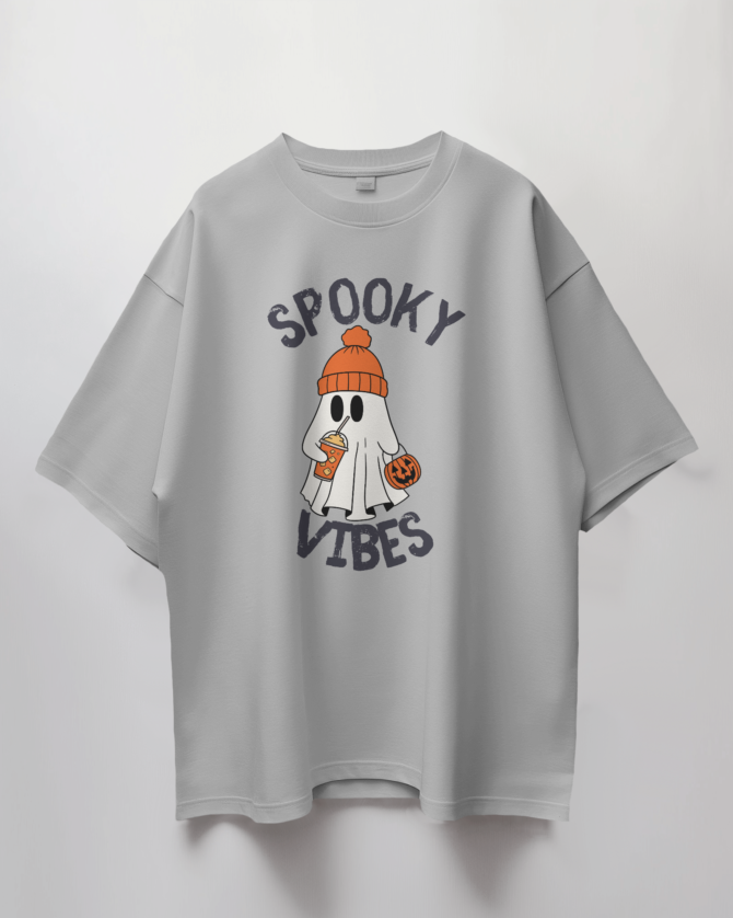 Teerov Oversized Spooky vibes Typography T-Shirt | Unisex Graphic Cotton Tee