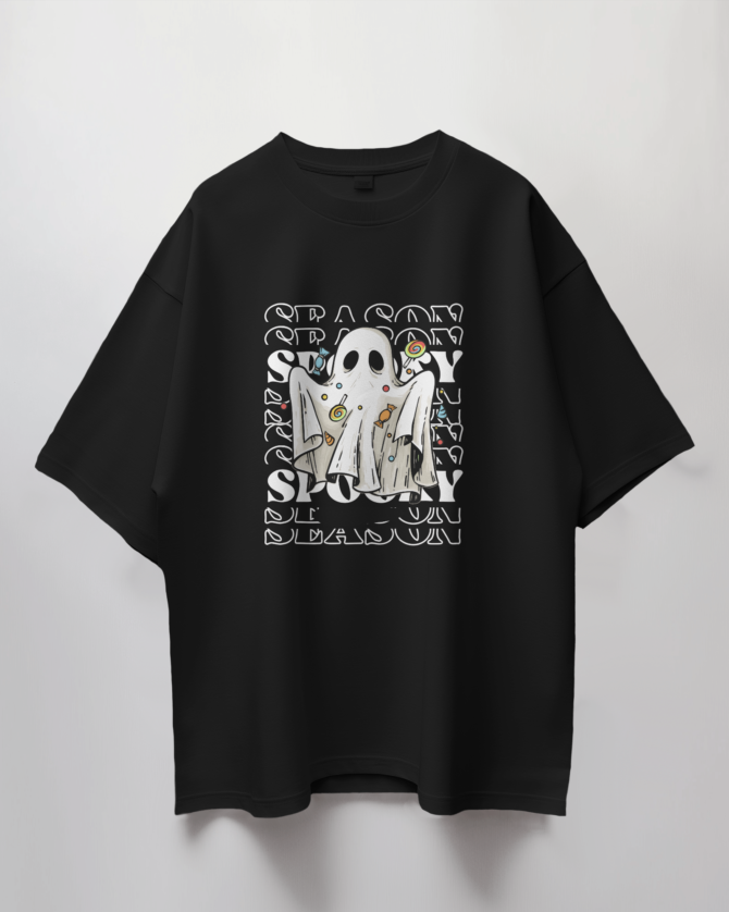 Teerov Luxe Oversized Season Spooky Typography T-Shirt | Unisex Graphic Cotton Tee