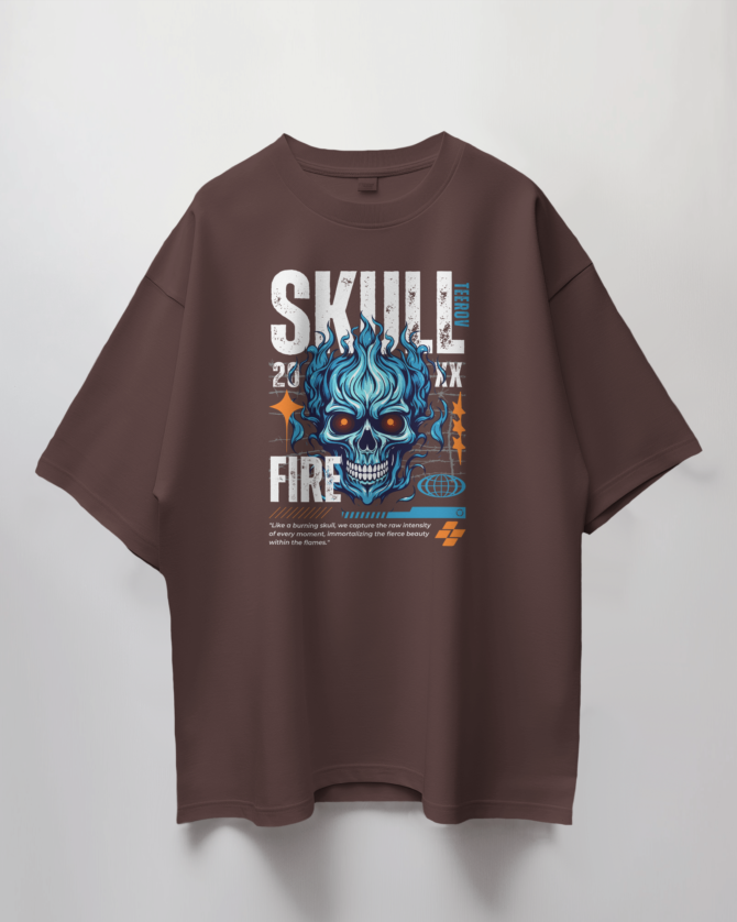 Teerov Oversized Skull Fire Typography T-Shirt | Unisex Cotton Graphic Tee